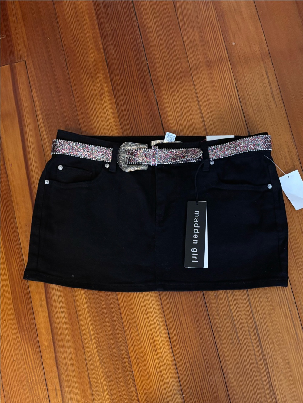 Madden Girl Black Straight-Leg Jeans with Sparkling Rhinestone Belt